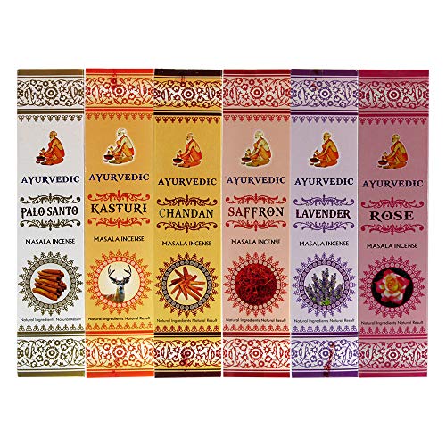 Ayurvedic Hand Rolled Incense Sticks - Palo Santo, Kastuti, Chandan, Saffron, Lavender, Rose For Prayers Meditation Relaxation Positivity Healing Room Freshener - Pack Of 6 Boxes, 15 Gms Each #TOP1