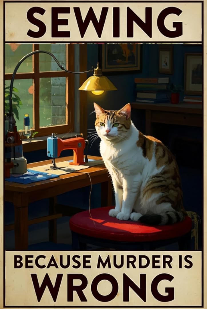 Sewing Because Murder is Wrong Funny Cat for Cafe Home Living Room Bedroom Kitchen Garden Garage Cafe Bar Pub Tin Sign 8x12 Inch