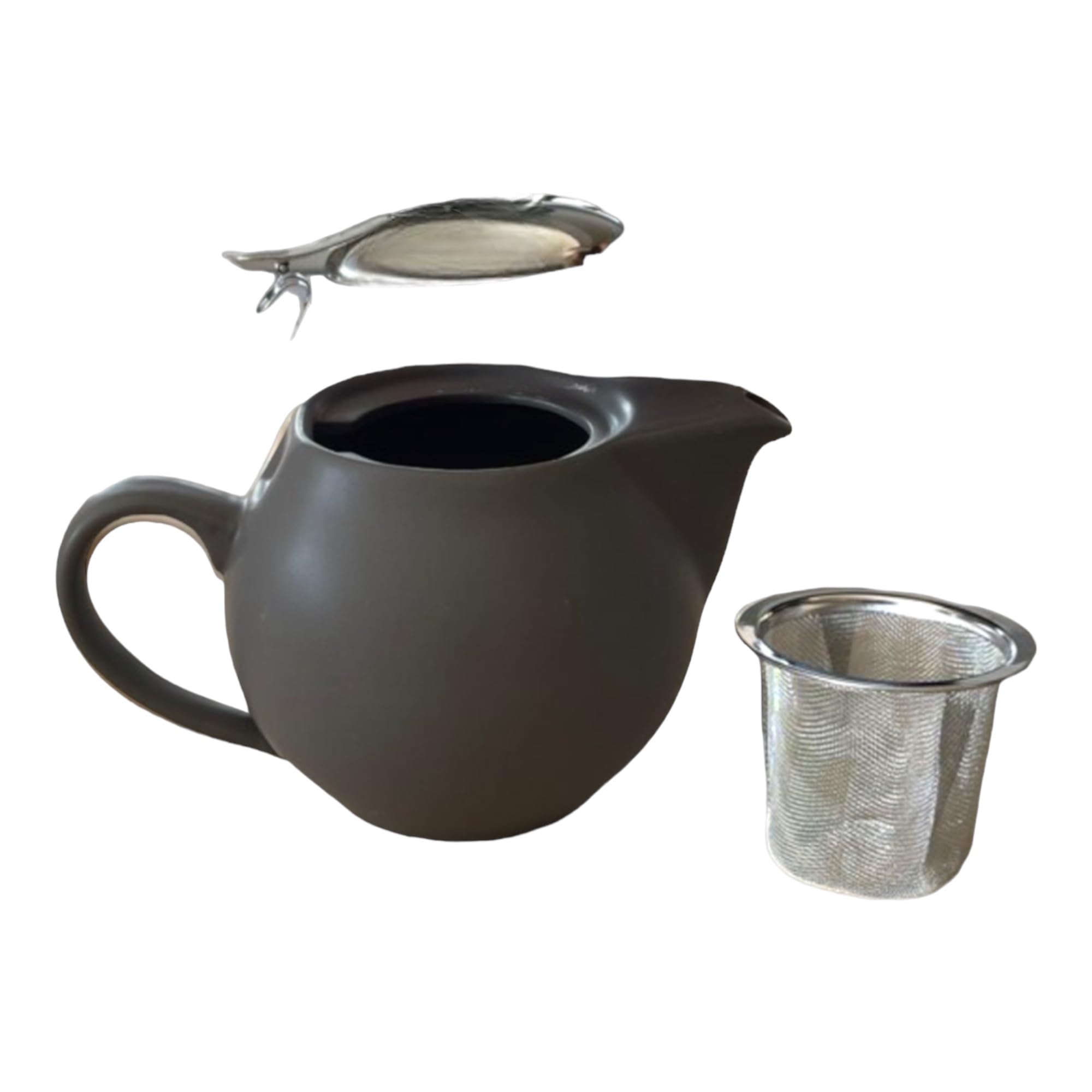JAMN Charcoal Grey Ceramic Tea Pot 1-2 Cups with Stainless Steel Washable Clip on Off Lid and Rust-Resistant Infuser for Loose Leaf Blooming Tea 550ml Teapot with Removable Fully Closable lid