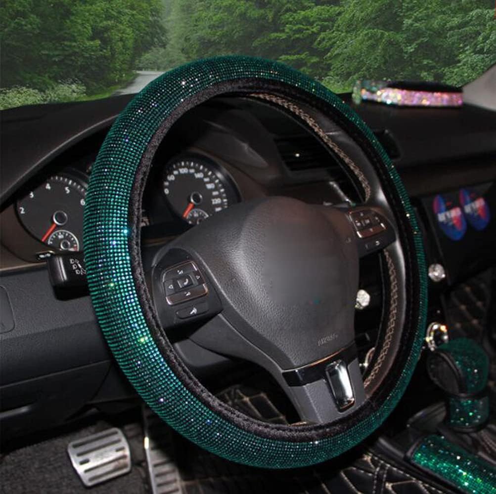 D-CC Bling Rhinestones Steering Wheel Cover Breathable Anti-Slip Sparkling Diamonds Car Wheel Protector Universal 15 Inch Accessories (Green)