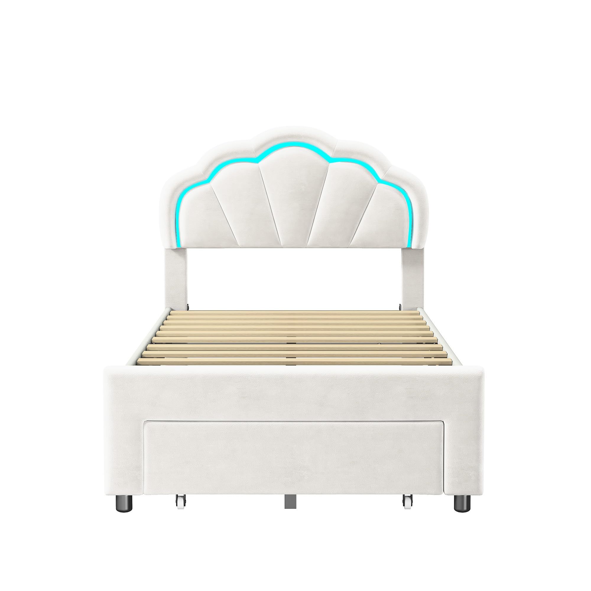 BRILVERDE Lettino imbottito per bambini, 90 x 200, con cassetti, bella testiera a forma di fiore, rete a doghe in legno massiccio, letto da principessa, in materiale velour, delicato sulla pelle