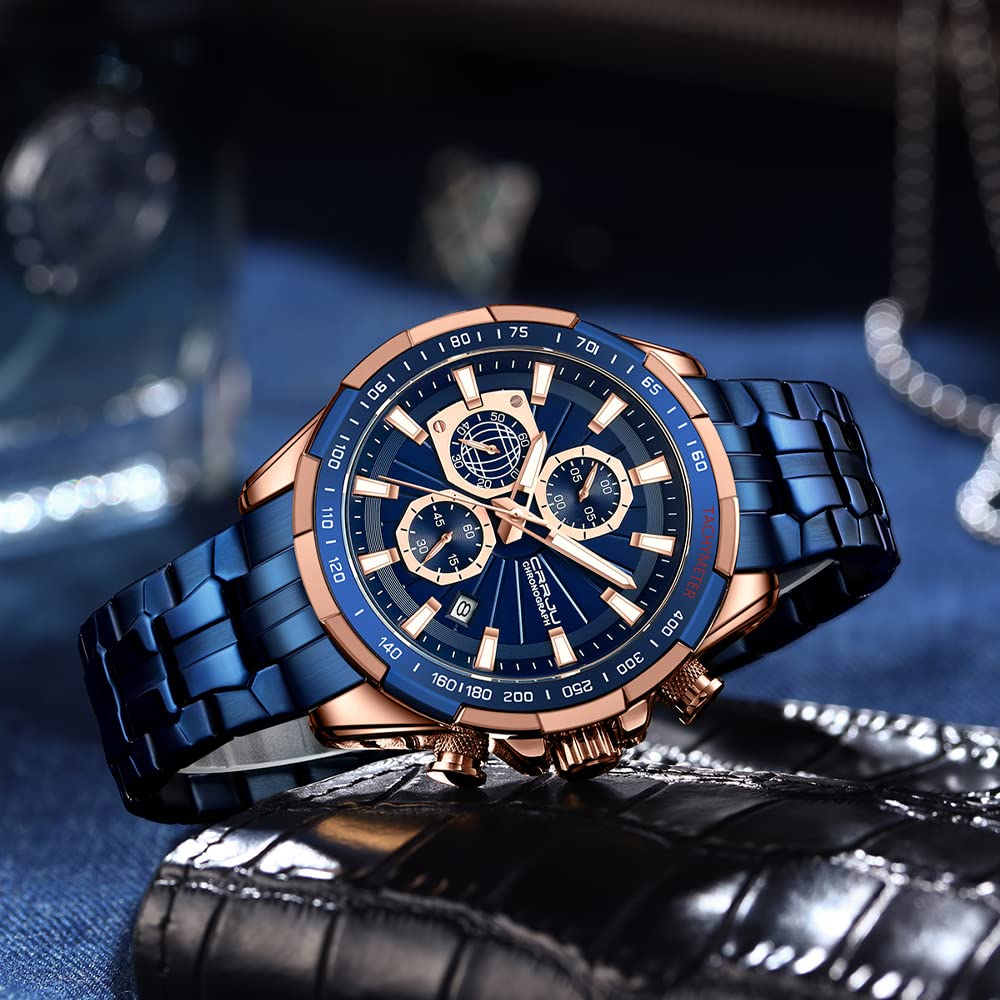 CRRJU Orologi al quarzo analogici casual da uomo alla moda per uomo con cronografo da polso, orologio impermeabile con cinturino in acciaio inossidabile blu, Blu e blu.