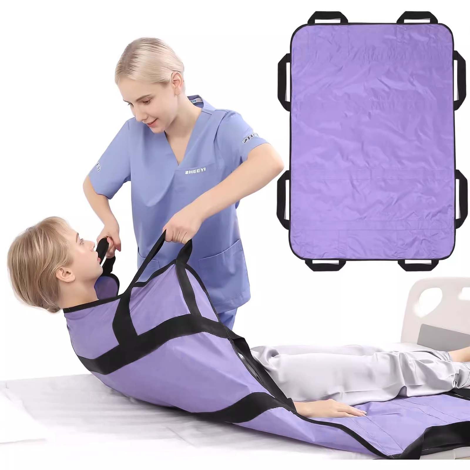 Transferboard für Patientenlifter, Gleittuch für Bettlägerige mit 8 Griffe, Patiententransferbrett 120 x 100 cm, Wiederverwendbar Gleitmatte Pflege, Gleitlaken Patienten Senioren (Lila)