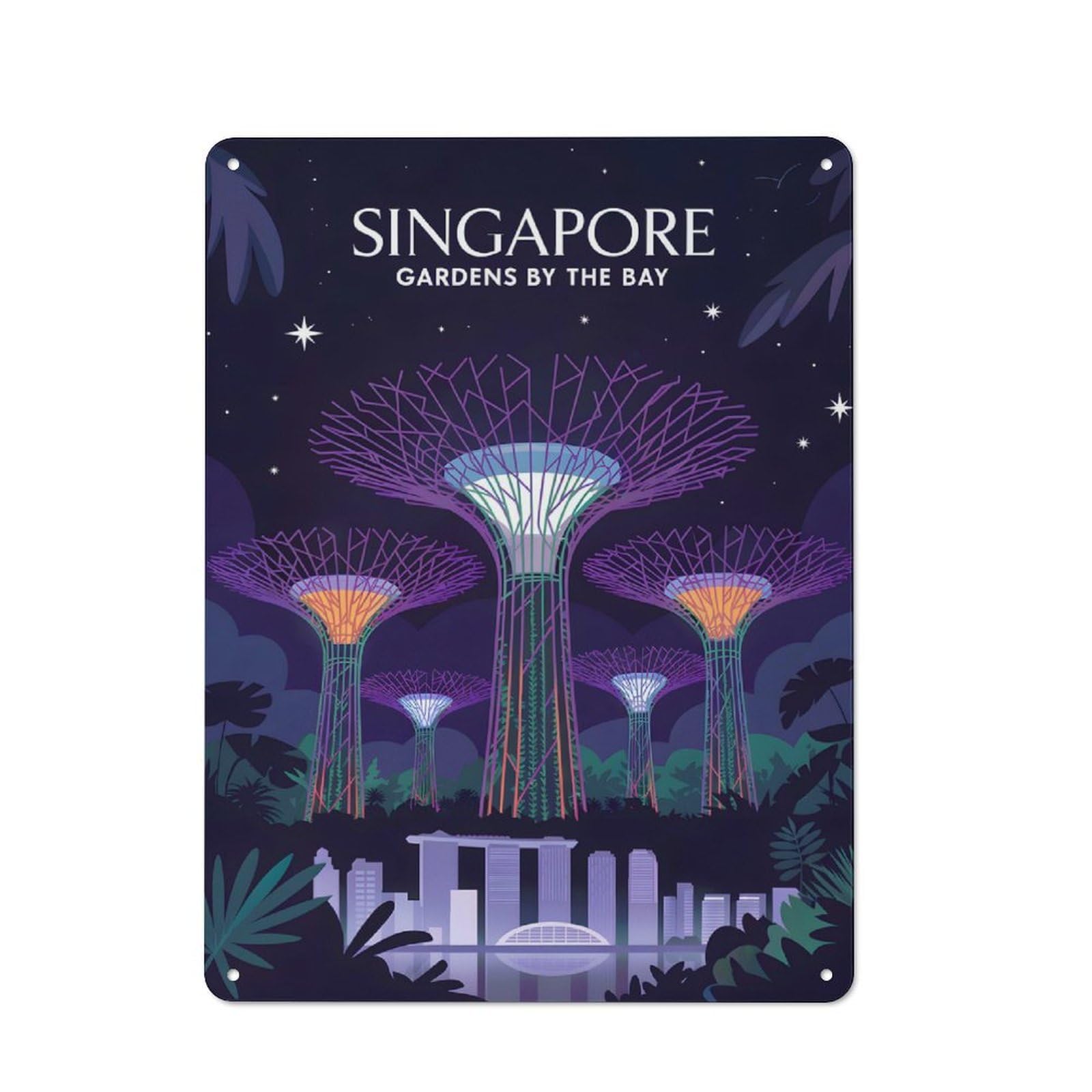 Junmoney Style-2 Singapore Gardens By The Bay Illustration Retro Metal Wall Decor 40X30cm, Retro Metal Sign For Garage, Hobby Room, Office Or Man Cave