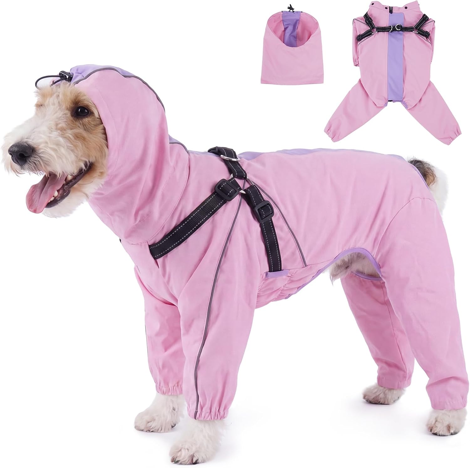 Lelepet Waterproof Dog Jacket with Hood, Full Body Dog Raincoat, Pink, S | Dog Rain Jacket with Harness, Doggie Coats with Reflective Stripes, Adjustable Windbreaker Pet Clothes for Rainy Walk, Hiking