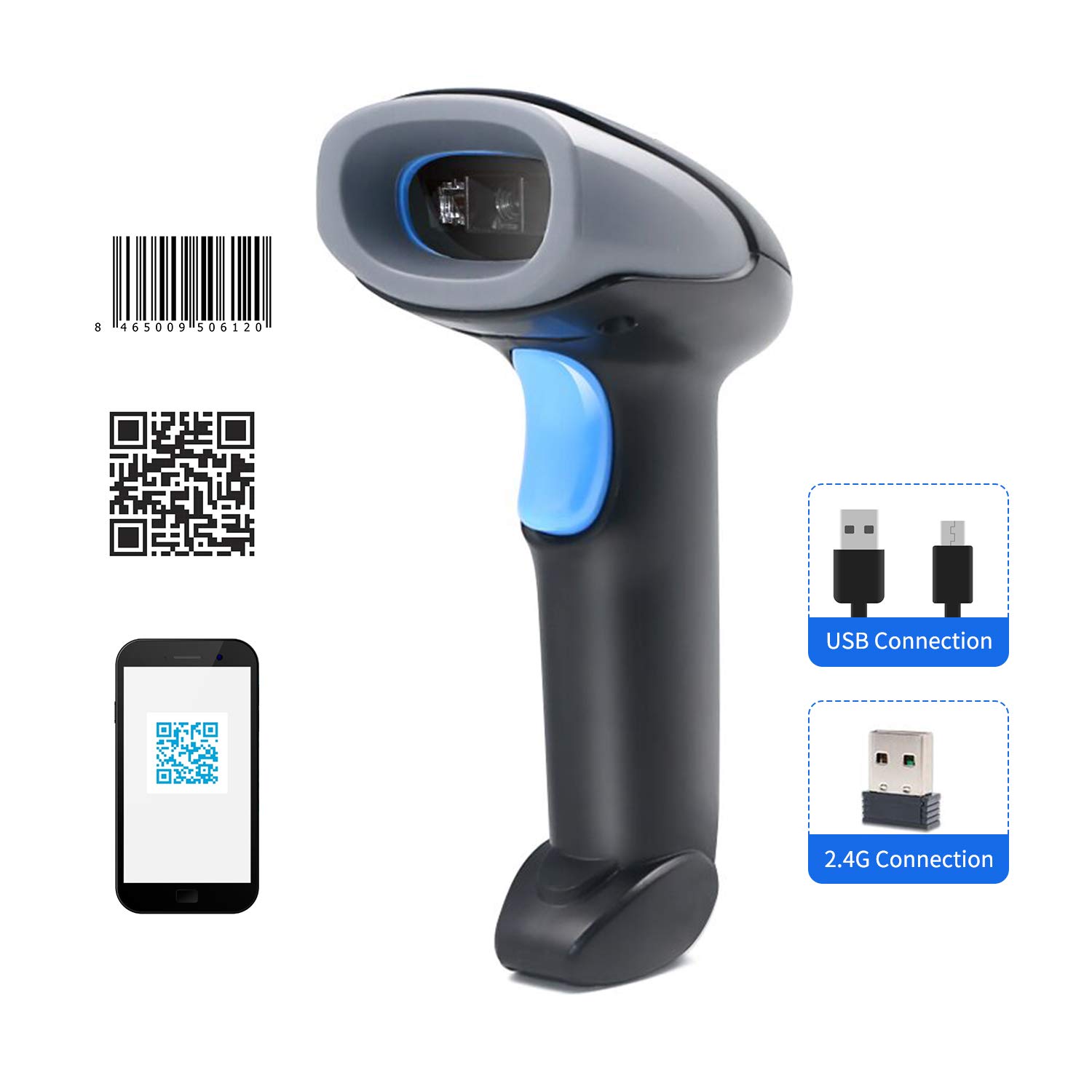 douself Handheld Barcode Scanner 1D/2D/QR Code Scanner 2.4G Wireless & USB Wired Bar Code Compatible with Windows Android Mac Linux for Supermarket Retail Library Logistics Warehouse