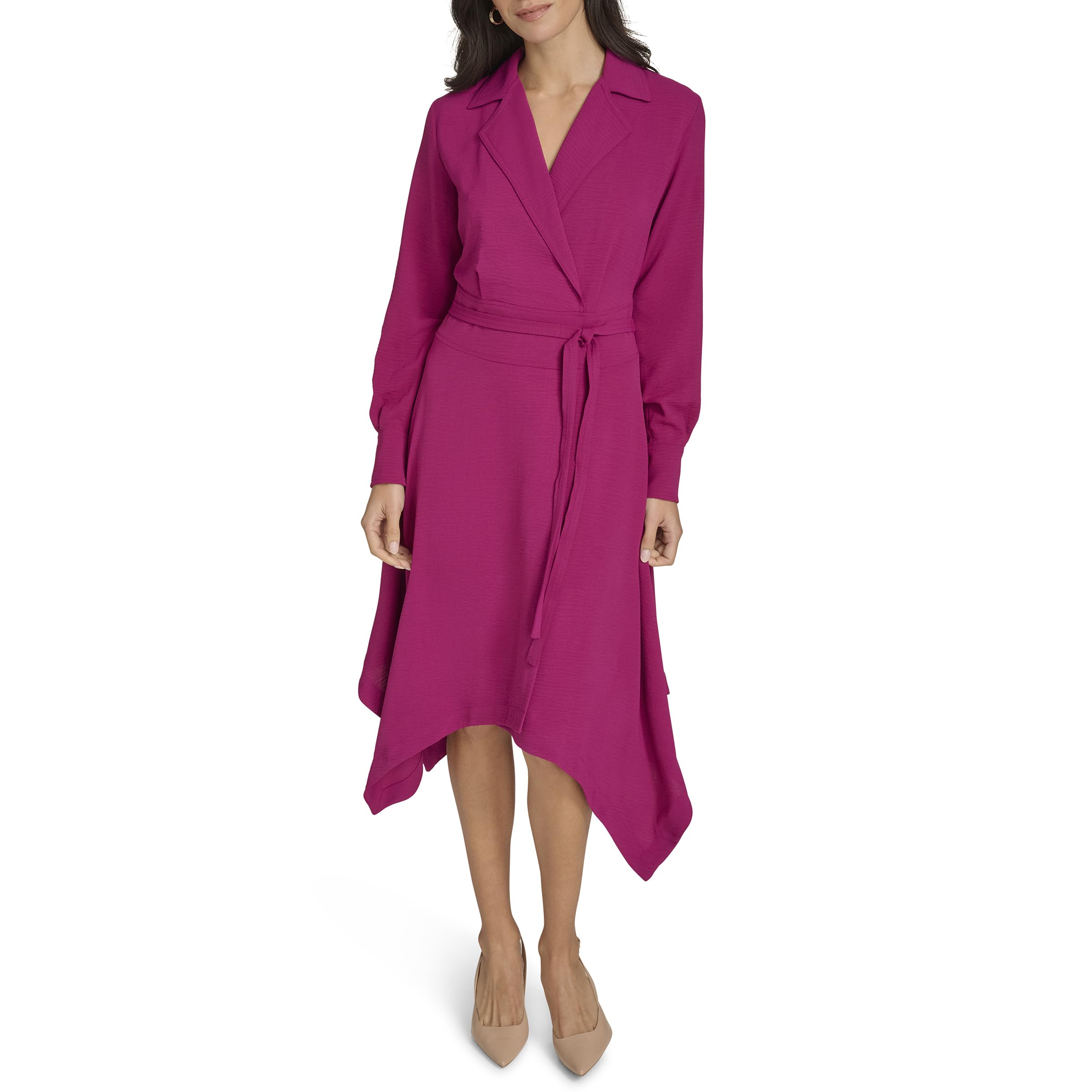 Women's Long Sleeve Collared Belted Hankerchief Hem Midi Shirtdress