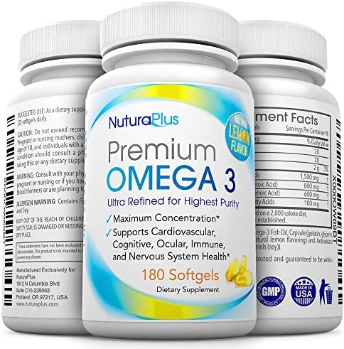 Premium Omega 3-180 Triple Strength Pills - 800mg EPA + 600mg DHA Essential Fatty Acids - Ultimate Natural Pharmaceutical Grade Fish Oil - Lemon Flavored & Burpless Moleculary Distilled