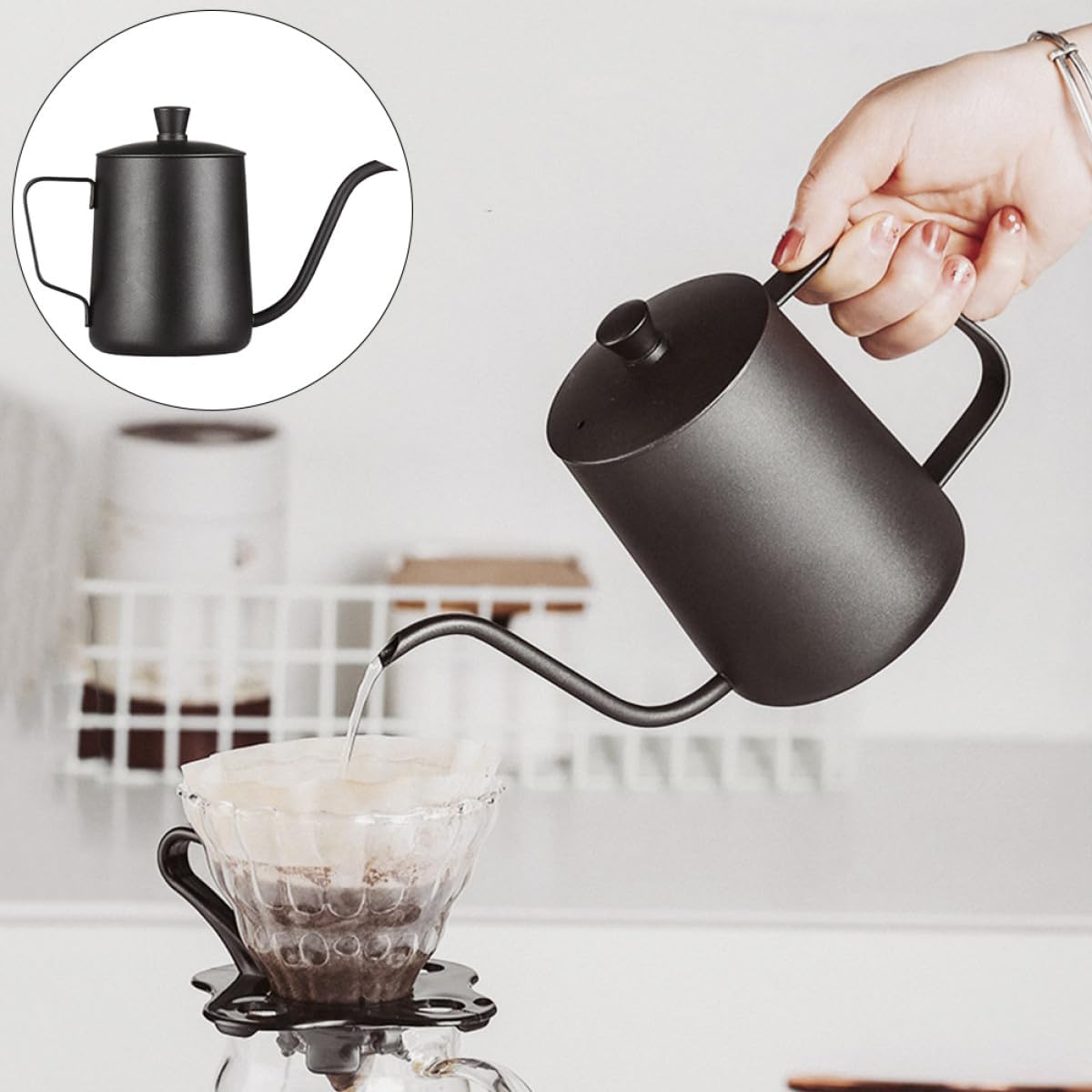 Stainless Steel Coffee Server 350ml Black Drip-Free Kettle for Home