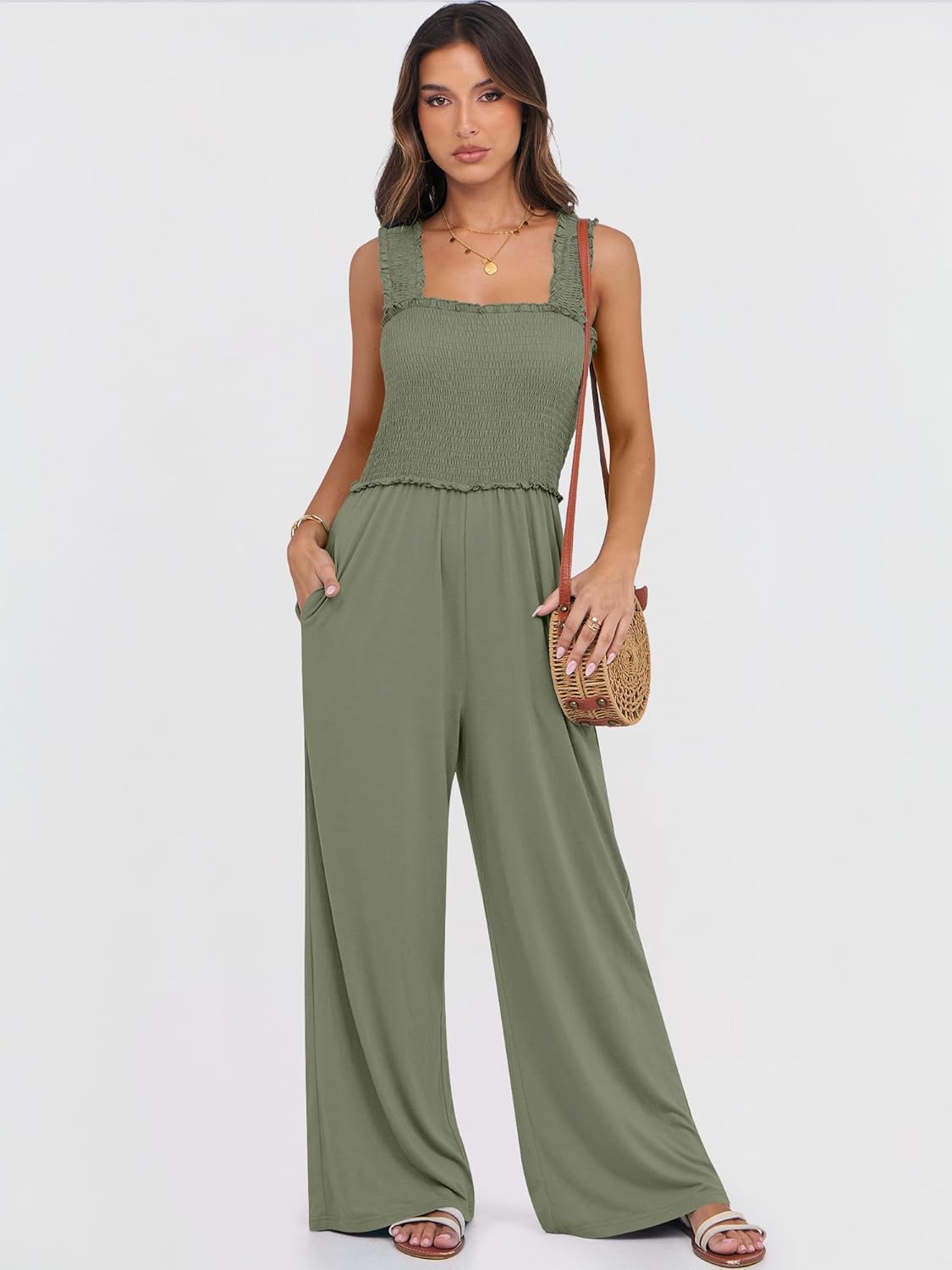 ANRABESS Jumpsuits for Women Dressy Casual Smocked Sleeveless Wide Leg Longe Rompers One Piece 2026 Summer Vacation Outfits - Image 2