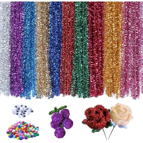 Ftyiwu 200PCS Pipe Cleaners, 10 Colors Glitter Chenille Stem Pipe Cleaner+100PCS Pom Poms Set, Chenille Stem Pipe Cleaners, Fuzzy Sticks Creative Art Craft Decoration Supplies Cover