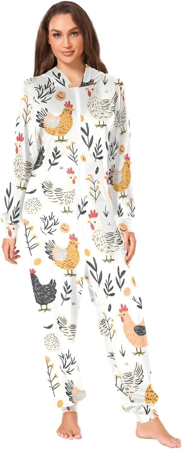 ZZKKO Country Farm Rooster Flower Adult Onesie Pajamas for Women Men Cozy One Piece Pajamas Costume Zip-Up Hooded S-XL