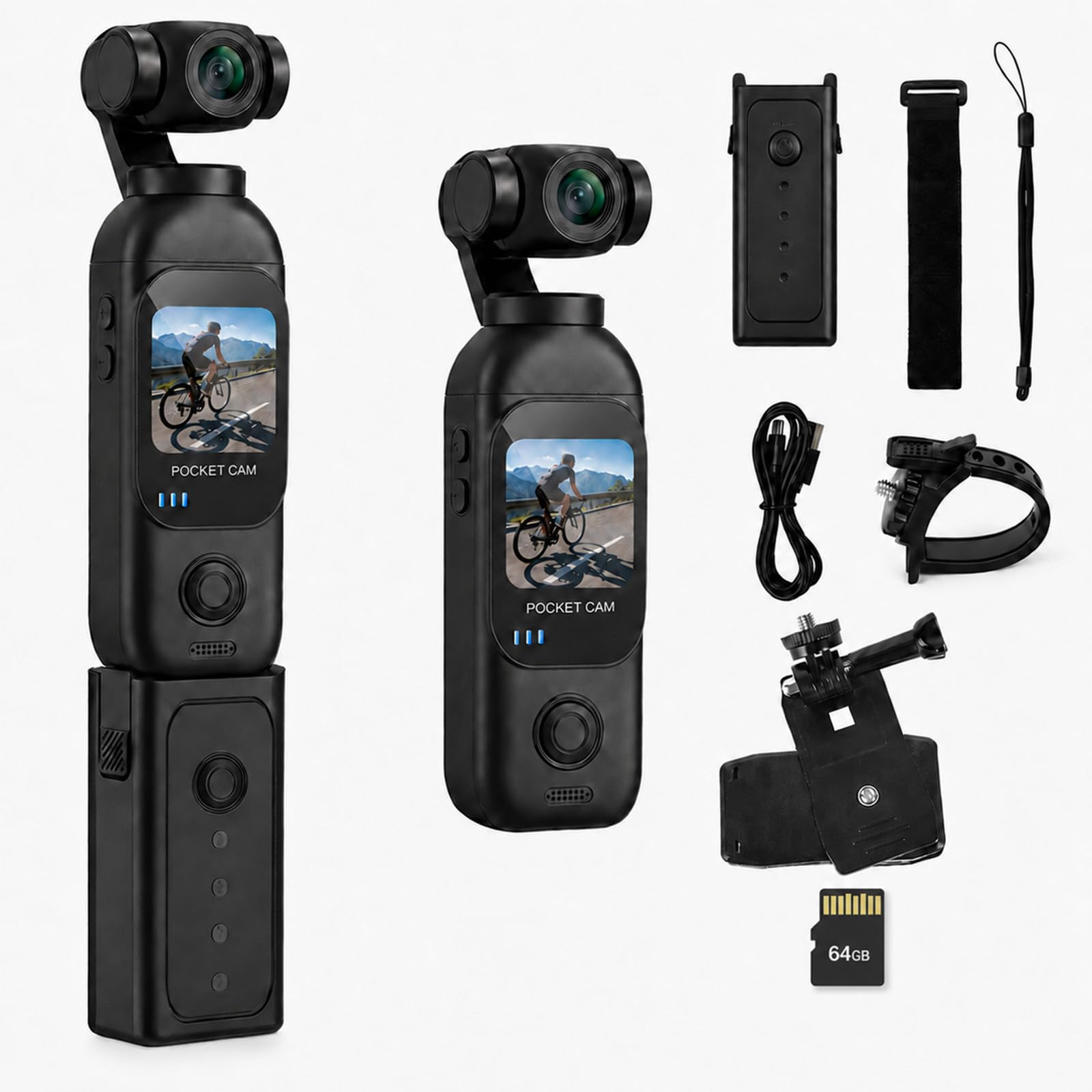 Vlog Kamera 1080P, Digitalkamera mit Drehobjektiv und Touchscreen | 130°/270° schwenkbares Objektiv, 14 Std. Aufnahmezeit, Ladegriff und 64GB Karte. Ideal für Reisen, Vlogs und Outdoor.