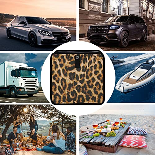 Image of Vintage Brown Leopard Print Car Trash Can, Foldable Hanging Cheetah Trash Bag, Waterproof Animal Skin Small Car Accessories Garbage Bin