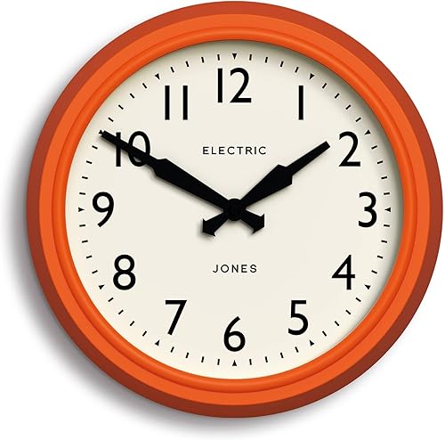 JONES CLOCKS Reloj de pared Telecom  Reloj redondo retro vintage  10.5 pulgadas  naranja  Versión moderna de un clásico vintage para cocina, sala de