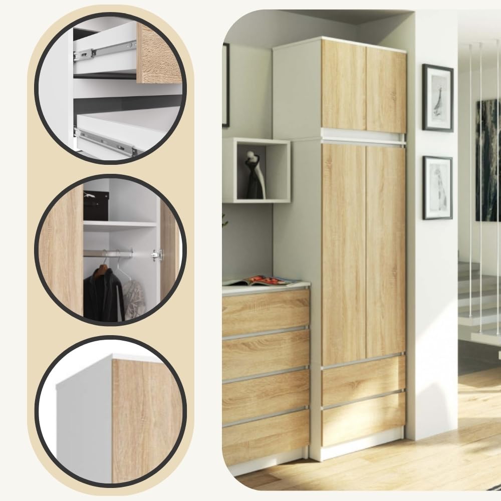 AKORD | Armadio con Estensione | Armadio con Ripiani, e Appendiabiti e Cassetti | 234 cm di Altezza | Mobiletto Cameretta Camera da Letto | Mobili soggiorno | Guardaroba |Bianco | Rovere Sonoma