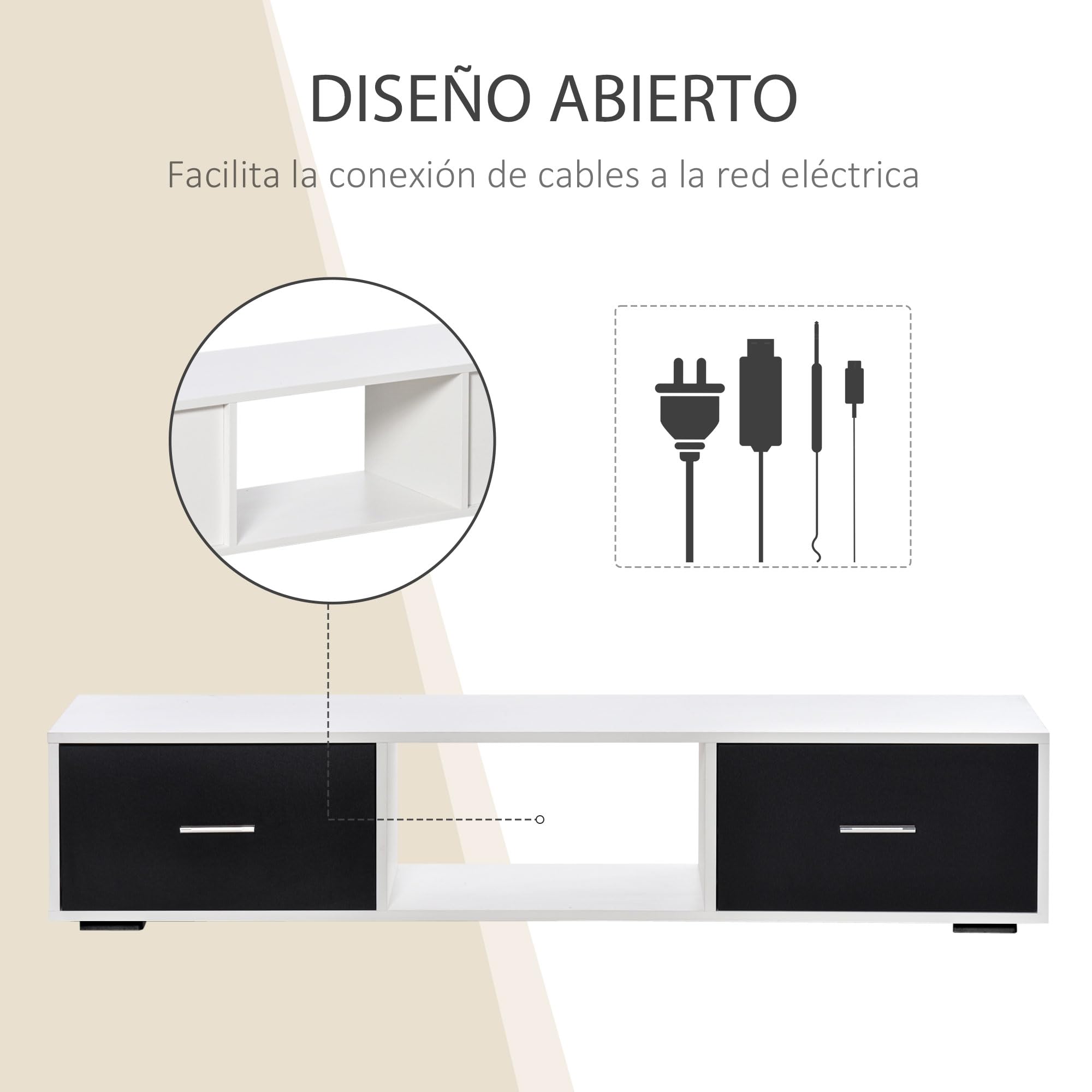 HOMCOM Mueble de TV para 60" con 2 Cajones 140x30x32 cm Blanco y Negro | Mesa para TV de Salón, Estilo Moderno, Compartimento Abierto