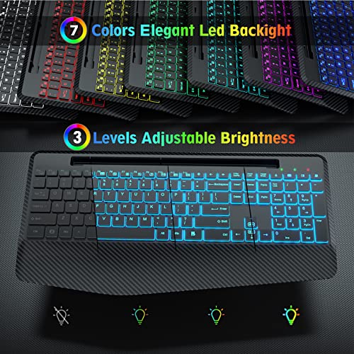 Sablute Wireless Keyboard With 7 Colored Backlits, Wrist Rest, 2.4G Computer Lighted Keyboard With Phone Holder, Rechargeable Full Size Ergonomic Keyboard With Silent Keys For Macbook, Pc, Laptop #TOP1