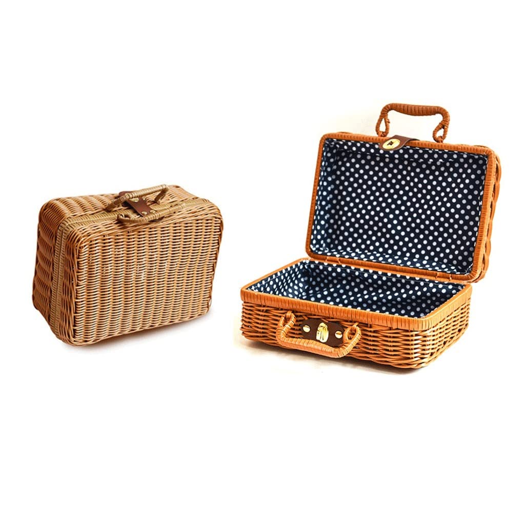 Przechowywanie Makijaż Przenośna rattanowa torebka Materiał ochronny Imitacja Walizka Retro Pudełko do przechowywania kosmetyków Toaletka, B, 34x24x14cm
