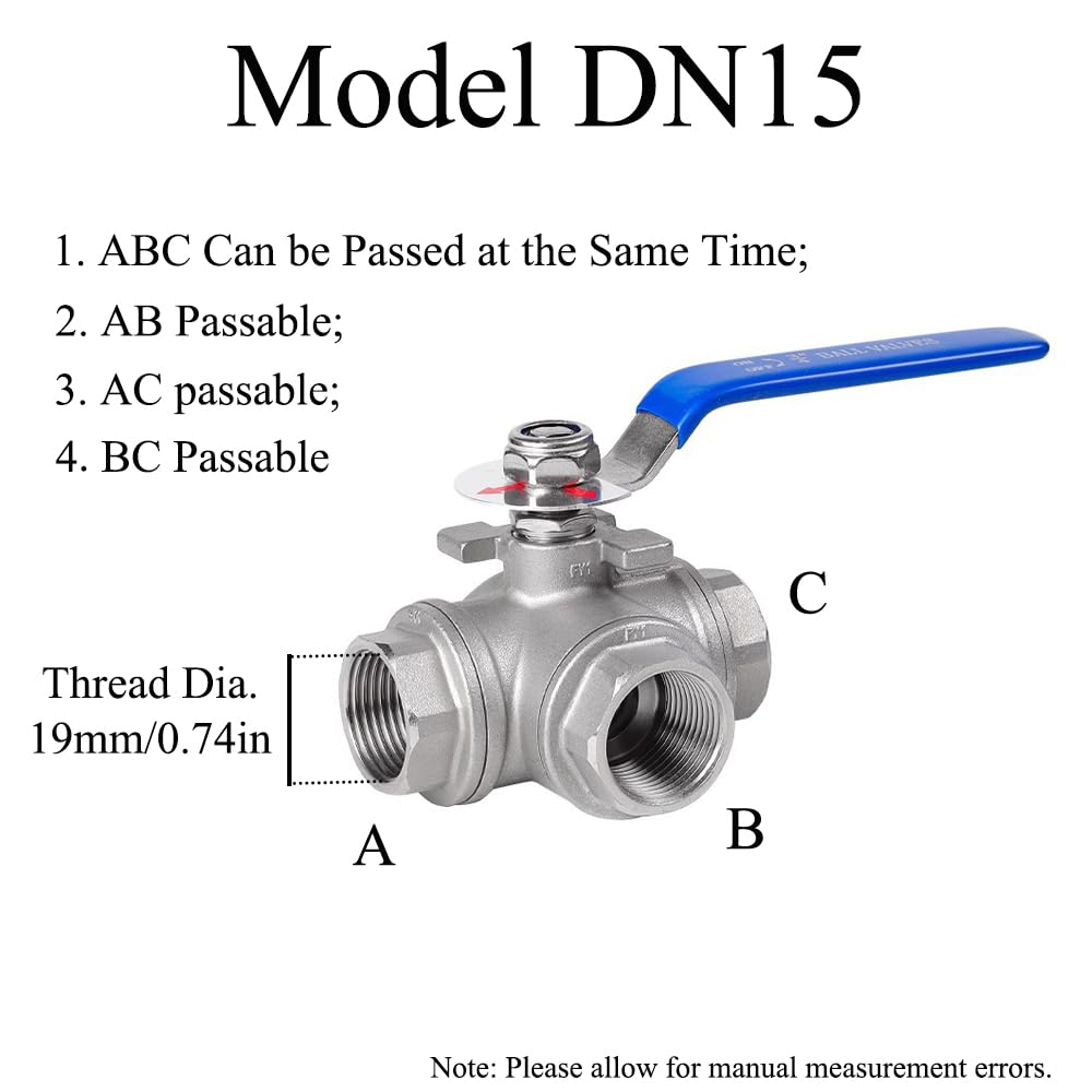 Valvola a sfera a 3 vie 2PCS 3, Valvola a sfera a tre vie con maniglia a leva DN15, Valvola a sfera in acciaio inox 304 a tre vie, 3 vie morsetto di collegamento