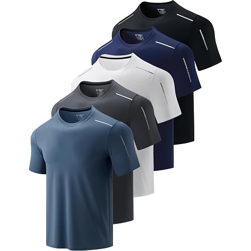 5 Pack Men’s Active Quick Dry Crew Neck T Shirts | Athletic Running Gym Workout Short Sleeve Tee Tops Bulk