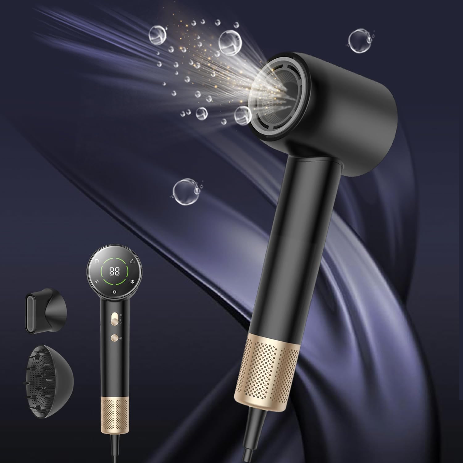 Professional Hair Dryer - 110,000 RPM Brushless Motor with Negative Ion Technology, 1600W Fast Drying with 4 Heat/3 Speed Settings, Magnetic Nozzle & LCD Display - Salon Performance at Home