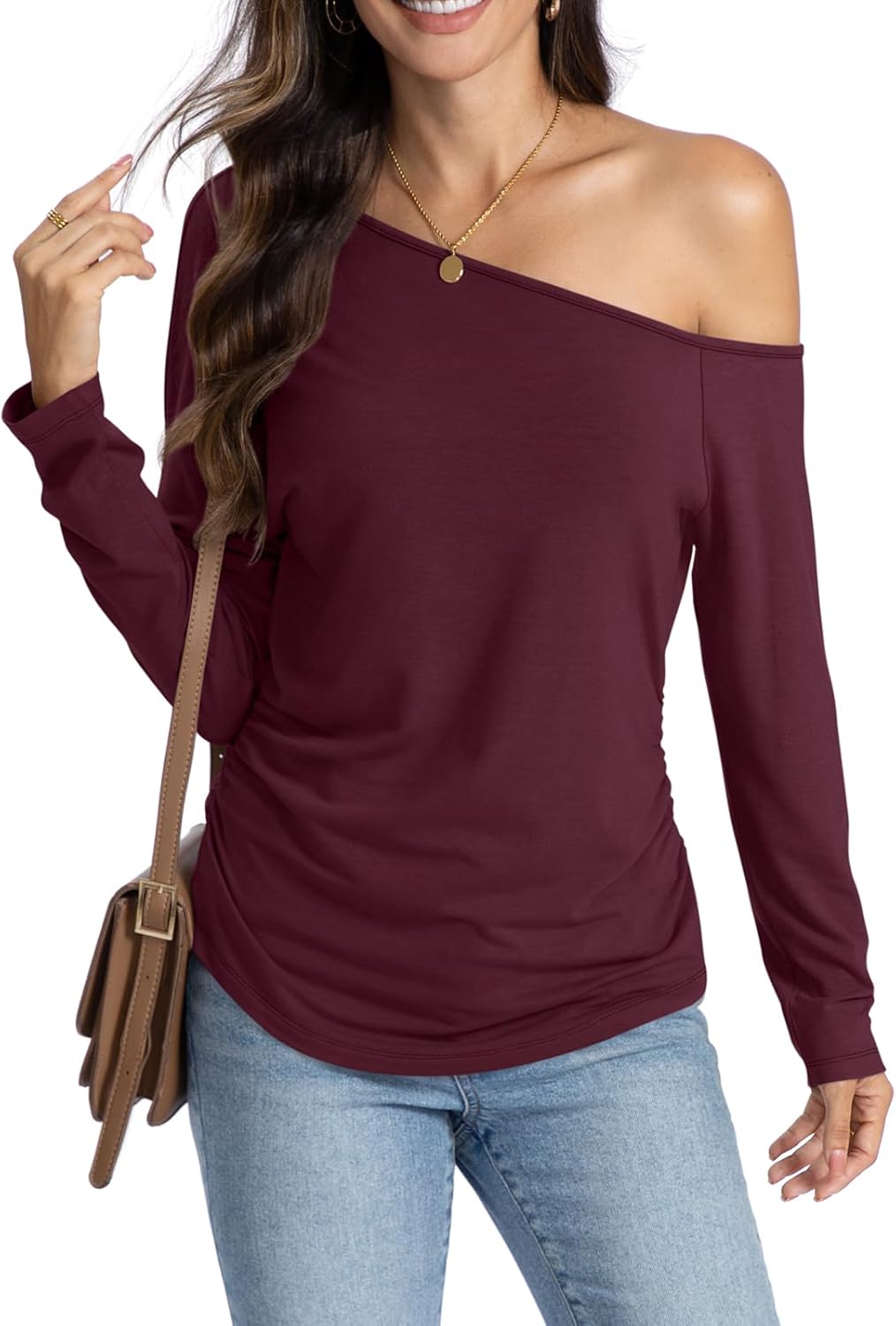 Eachyes Womens Off Shoulder Side Ruched Shirt Long Sleeve Casual Boat Neck Tee Loose Fit Y2K Going Out Top Fall Blouse