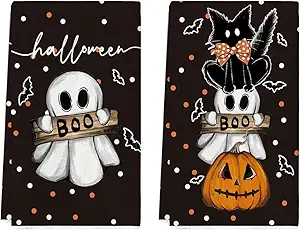 Artoid Mode Black Cat Pumpkin Ghost Halloween Kitchen Towels Dish Towels, 18x26 Inch Bats Jack-O'-Lantern Decoration Hand Towels Set of 2