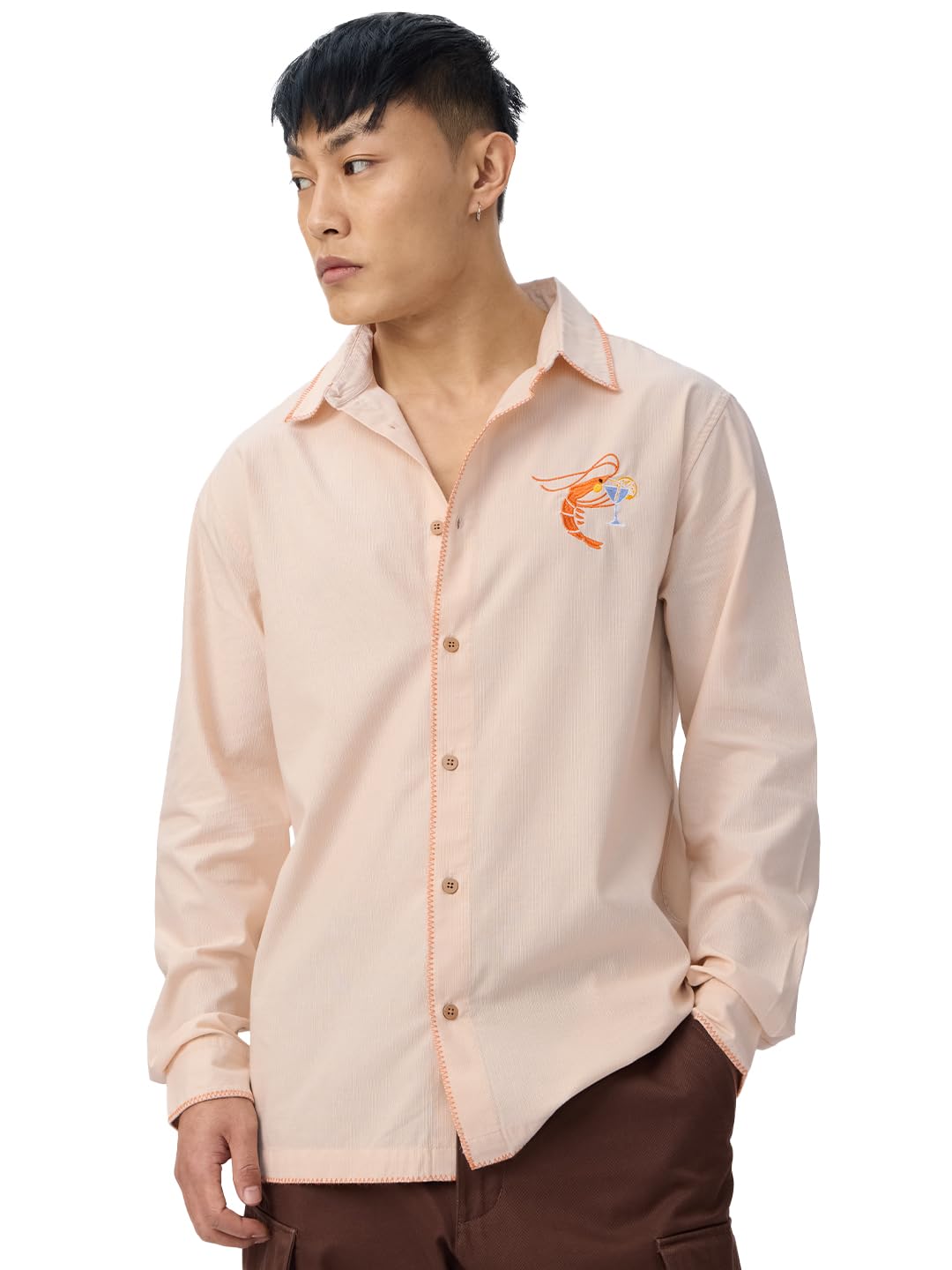 Shrimp Cocktail Men and Boys Long Sleeves Collared Neck Button Front Pink Embroidered Cotton Relaxed Shirts-image-45