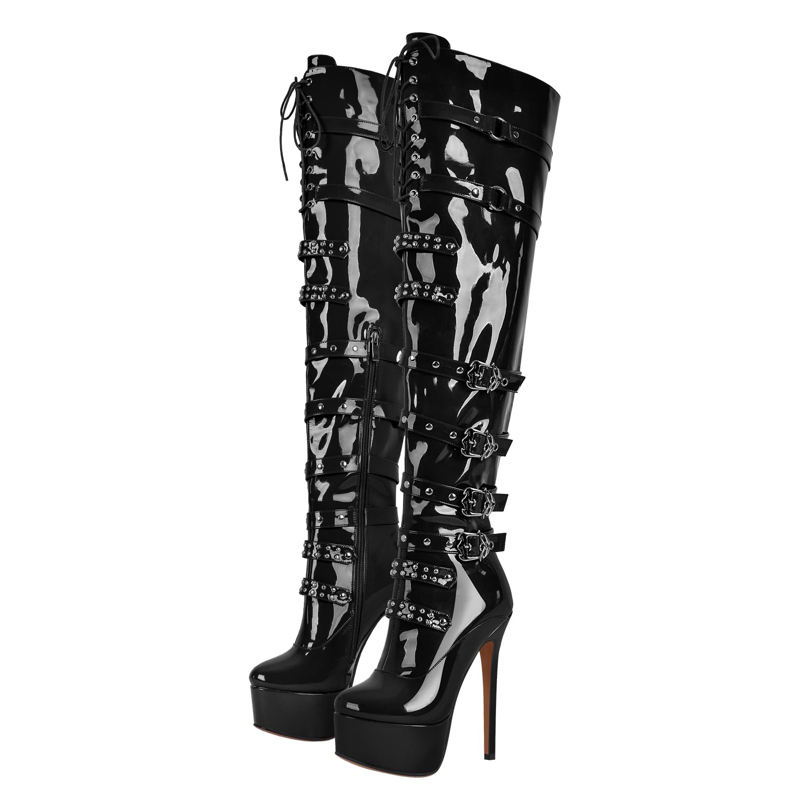 blingqueen Damen Plateau Stiefel Overknee Boots Stilettos High Heels Schnürstiefel Punk