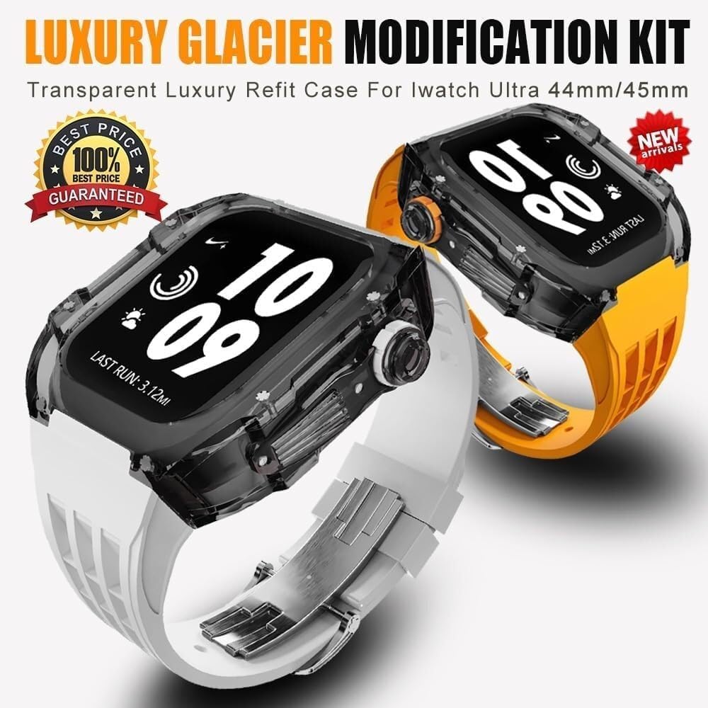Clear Transparent Watch Case Sport Fluorine Rubber Band，For Apple Watch 8 7 6 5 4 SE 44mm 45mm Ultra 49mm, Hard PC Crystal Cover Replacement Men Women Watch Band Accessories