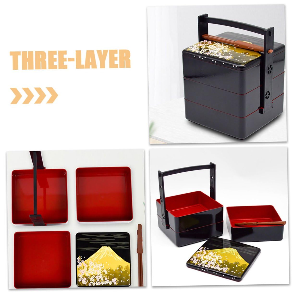 POPETPOP Boîte à Bento Japonaise Portable Noire à Trois Couches, ABS
