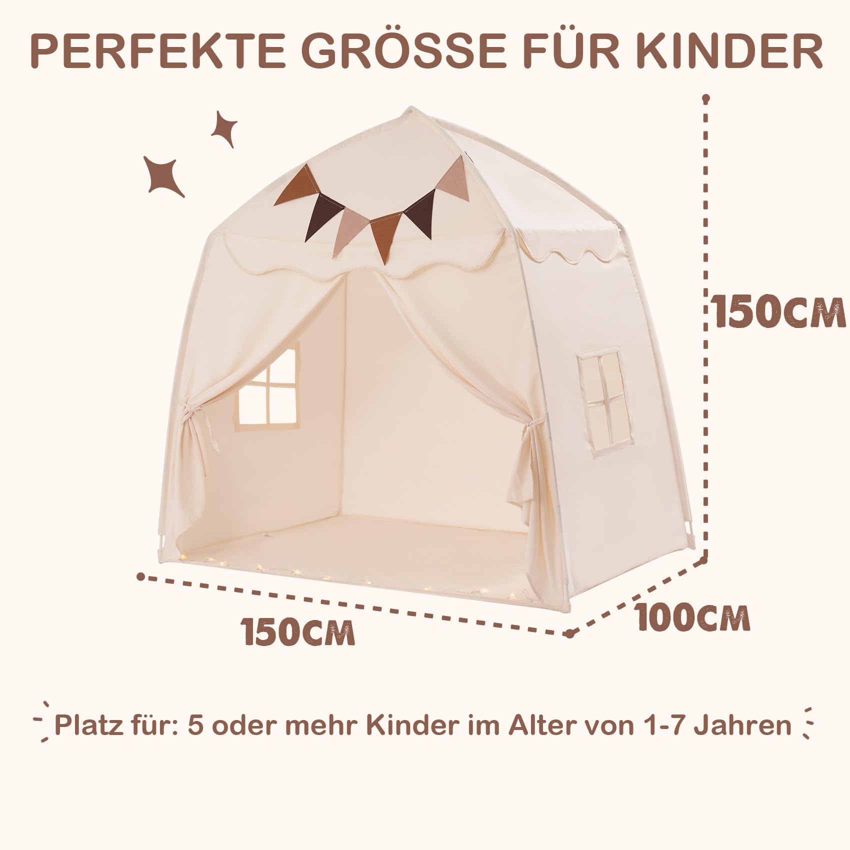 Mallify Kinderzelt Indoor, Spielzelt mit Lichtern, 150 x 100 x 150 cm Tipi Zelt Kinderzimmer (Creme)