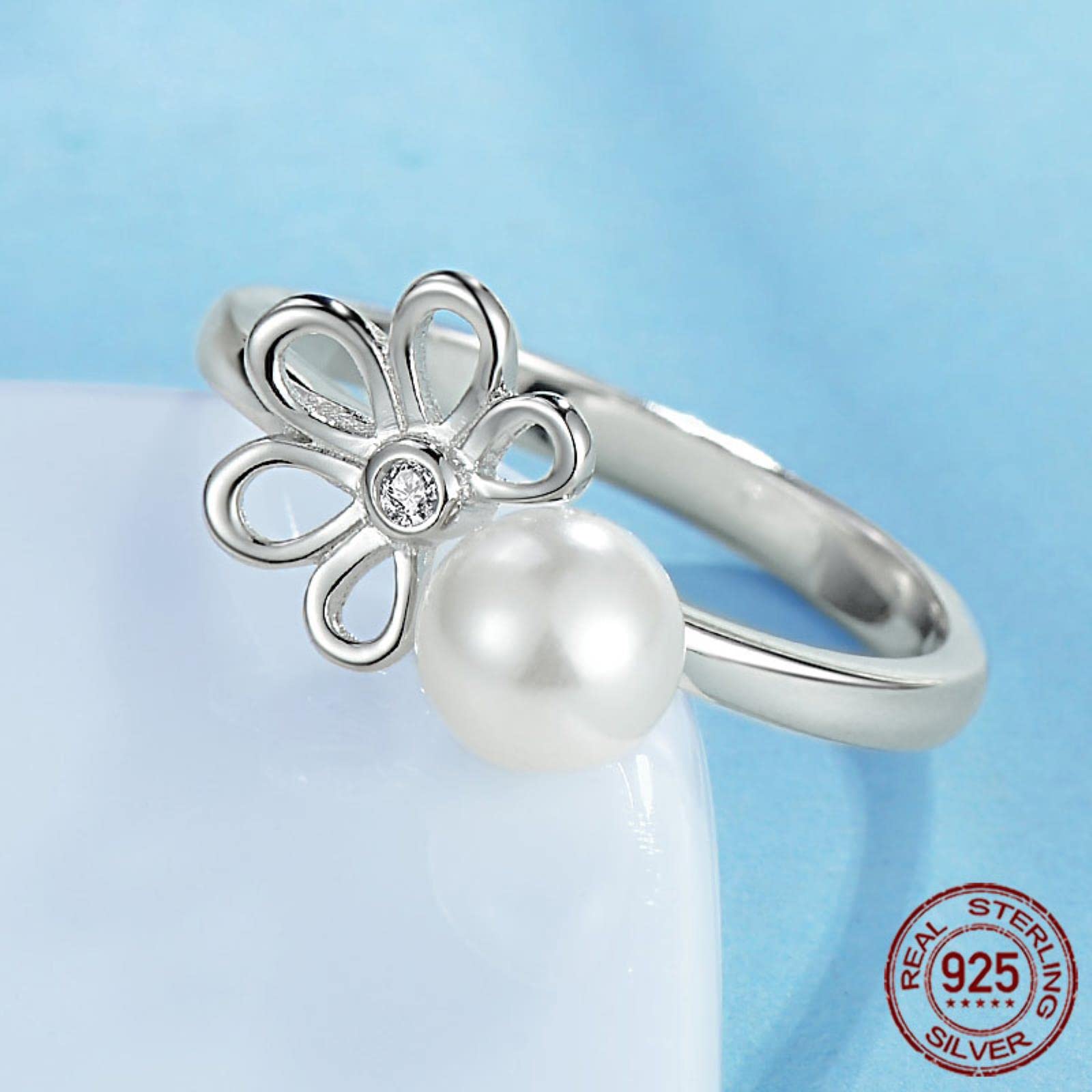 Flor Grandes Anillos De Perlas Simuladas para Mujeres 925 Plata Esterlina Boda Cz Ajustable Ringlet Joyería