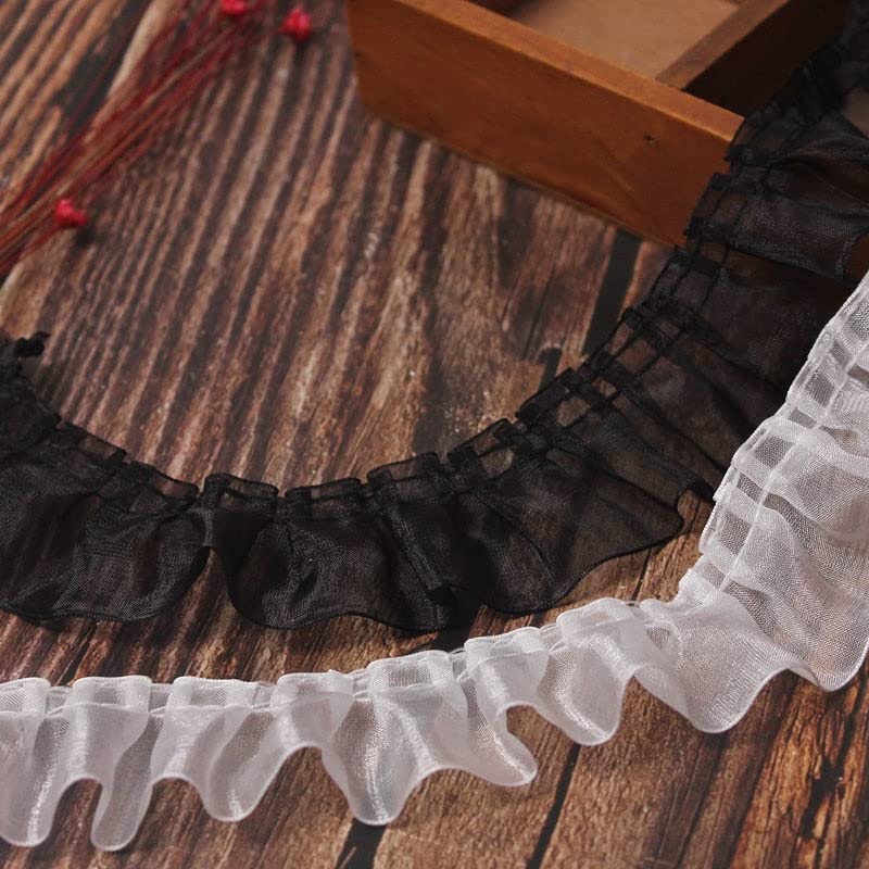 Spitzenborte Weiß und Schwarz Organza 3D Plissee Spitze Stoff Handarbeit, Rüschenborte Fransenborte Schneidermaterial (Größe:2.5 cm breit) (Schwarz) (Weiß)