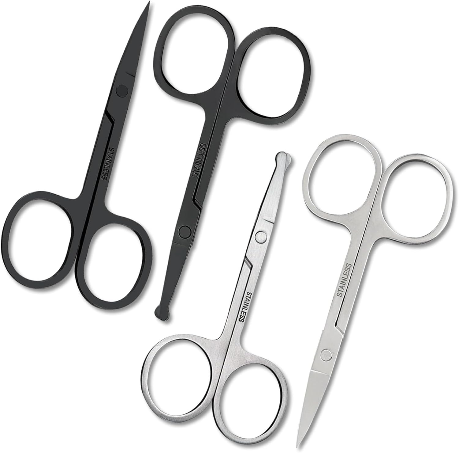4 Pack Curved and Rounded Facial Hair Scissors Set for Men Women Mustache, Nose