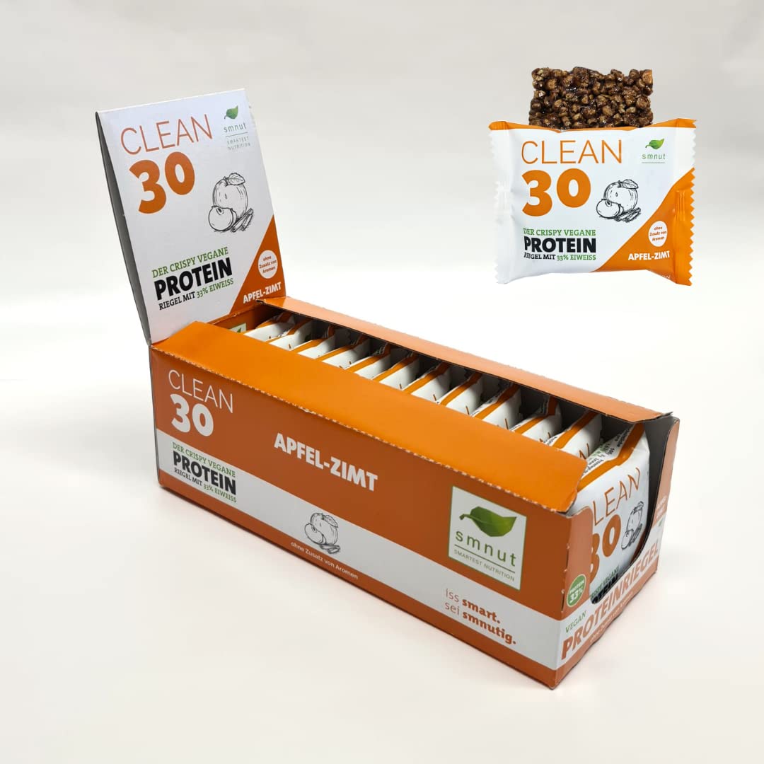 Chrupiący bio-baton proteinowy z 33% białka | cynamon jabłkowy CLEAN30 | bez aromatów, bez substancji słodzących | wegański, wysokowęglowodanowy | prawdziwy smak z naturalnych składników | opakowanie 12 szt