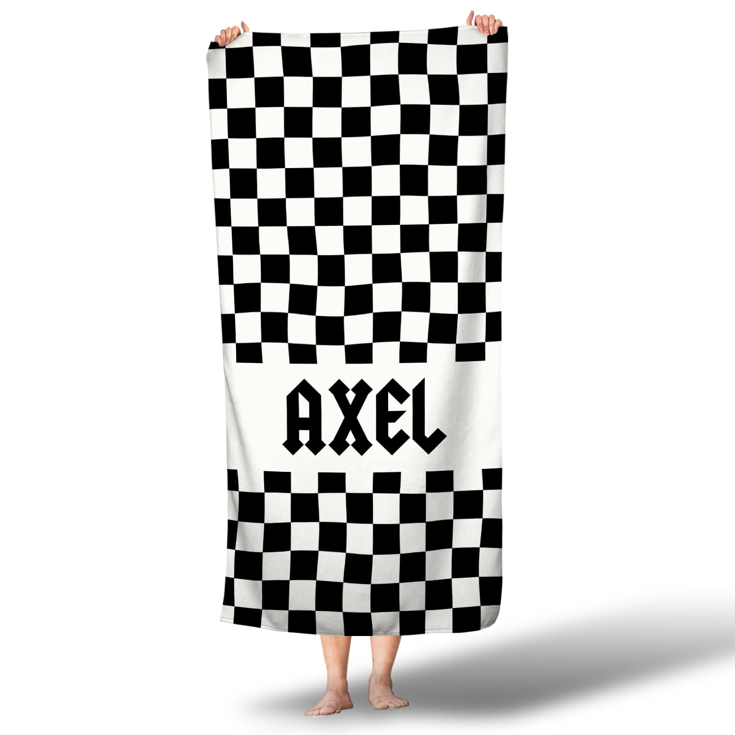 Black Checkered Custom Name Rocker Towel Personalized Beach Towel Boys Name Pool Towel