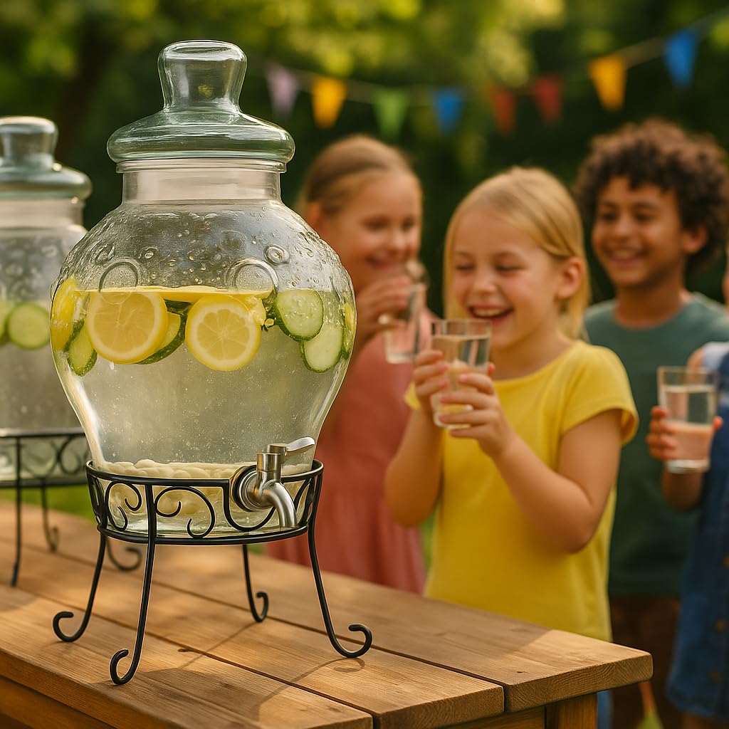 Monster24 10 Liter Getränkespender mit tropfsicherem Zapfhahn aus Edelstahl – Wasserspender, Bowle-Gefäß aus Glas mit stabilem Metallständer und Glasdeckel – BPA-freier Limonadenspender