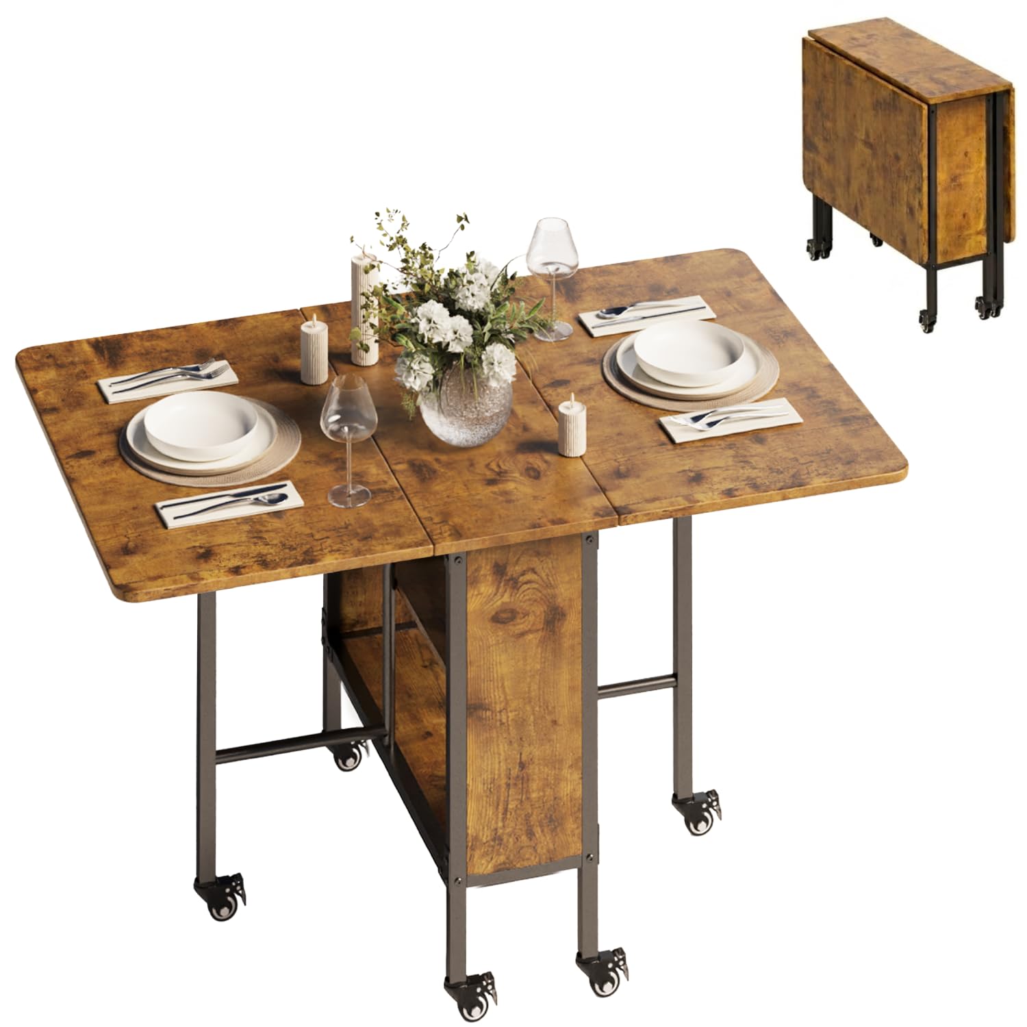 Mesa de Comedor Plegable, Mesa de Cocina Plegable con 6 Ruedas y 2 Estantes Abiertos para Espacios Pequeños, Cocina, Comedor para 4-6 Personas, 130 x 80 x 74 cm (Retro)