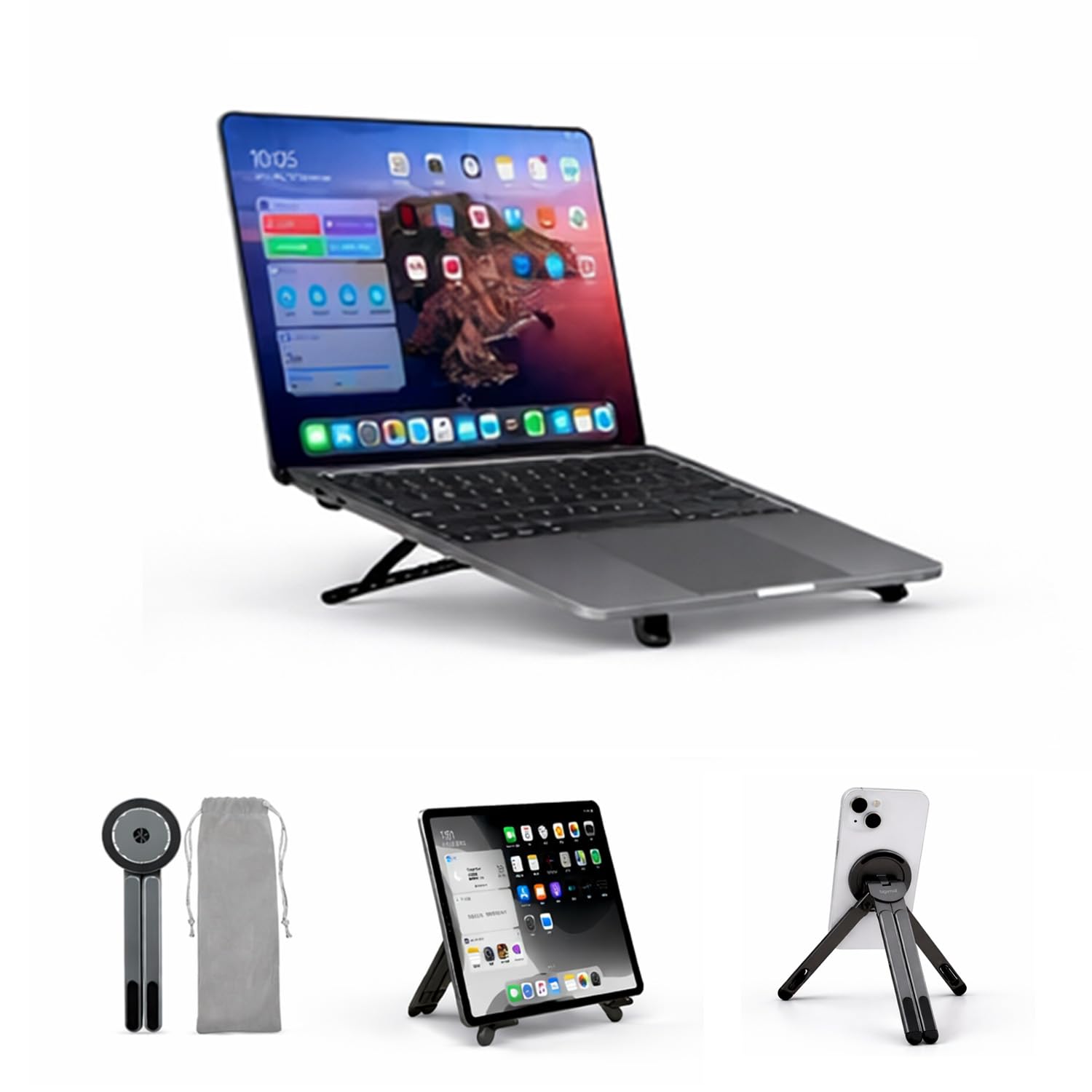 Bigsmall Magpivot Portable Foldable Laptop,MacBook Stand with Magnetic Phone Holder, Lightweight Anti-Slip Aluminium Alloy Stand with Overheating Protection, Compatible with iPad and Tablets
