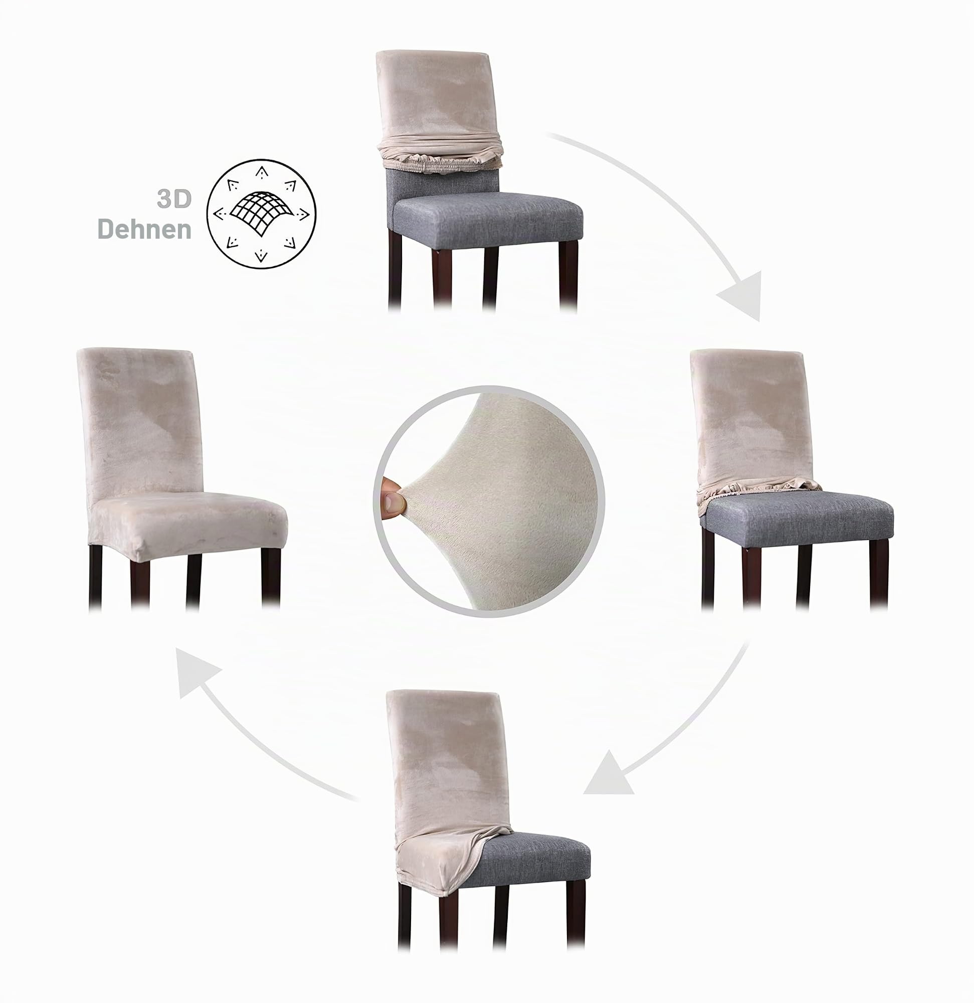 BEAUTEX Stuhlhussen Samt Stretch Stuhl & Schwingstuhl 6er Set Olivgrün LEA | 95% Polyester, 5% Elasthan, weiche Velours-Oberfläche, Rundum-Gummizug, 30 °C waschbar, faltenarm, formstabil & langlebig