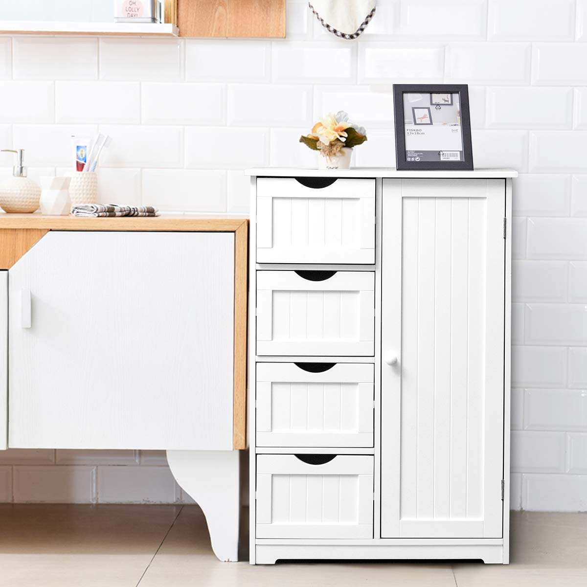 RELAX4LIFE Badezimmerschrank, Beistellschrank, Kommode mit 4 Schubladen, Lagerschrank Holz, Sideboard mit verstellbare Ablagen, Mehrzweckschrank für Bad & Zimmer & Flur, weiß