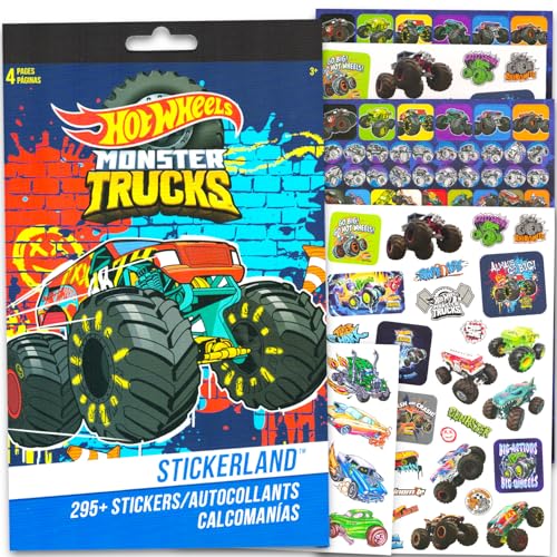 Hot Wheels Stickers Party Favors Set for Kids - Monster Truck Sticker Pack with 4 Sheets with 295+ Stickers Plus Tattoos | Hot Wheels Monster Truck Party Favors