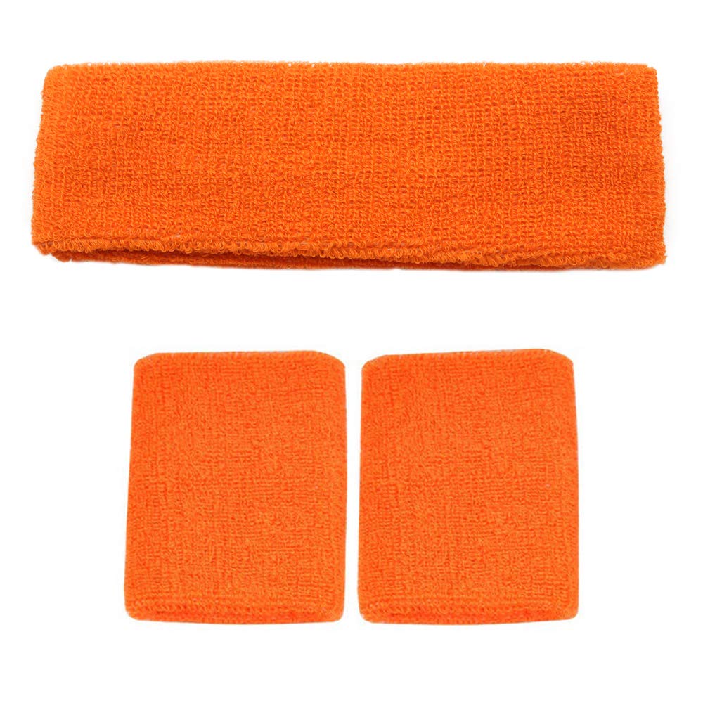 Accessotech Sports Sweat Band Wristband Headband Set Squash Tennis Badminton Gym Yoga Class (Orange)