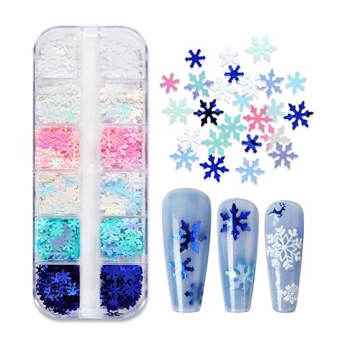 Abatare 12 Grids Christmas Nail Glitter Sequins, Christmas Snowflakes Designs Nail Accessories Decorations White Snowflake Nail Art Glitter Christmas Blue Pink Nail Glitter Powder Accessories Nail Decals cover