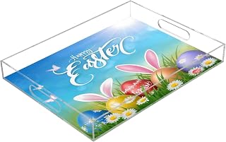 Easter Bunny Eggs Butterfly Serving Tray, Clear Acrylic Decorative Tray - Sturdy Huge Capacity Serving Platters/Kitchen Countertop Tray/Vanity Table Tray 12"x16"
