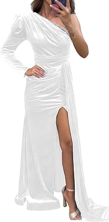Long Sleeve Mermaid Prom Dresses One Shoulder Satin Sequin Beaded Pleated Sheath Split Formal Dresses Evening Party Gowns
