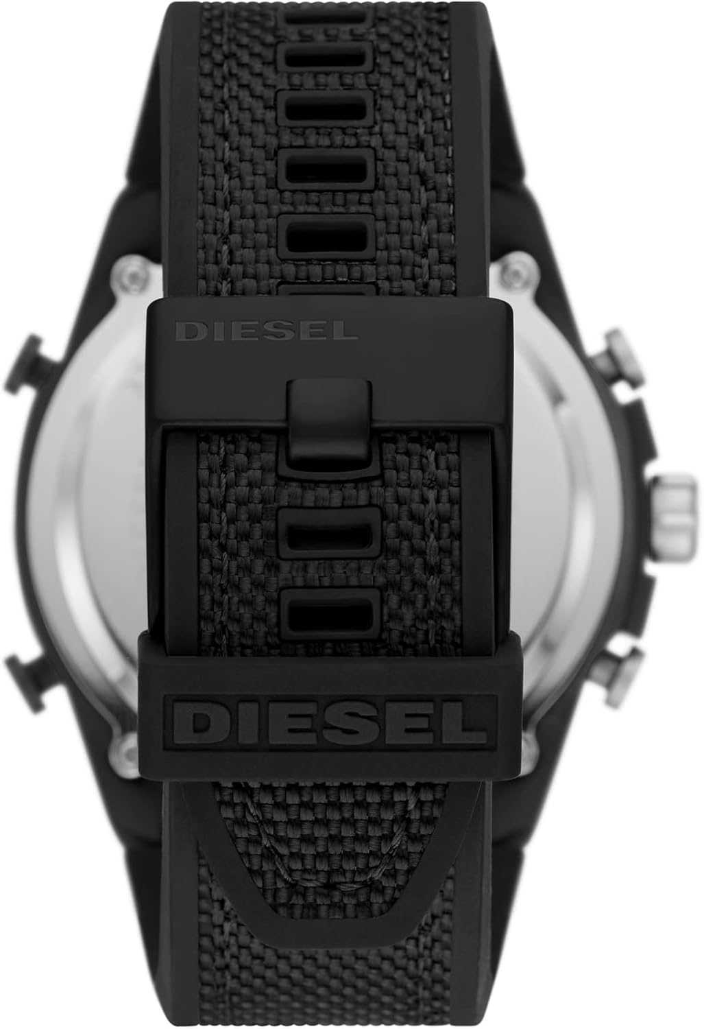 กลับ view of the Diesel Mega Chief watch showing the case back and strap attachment.