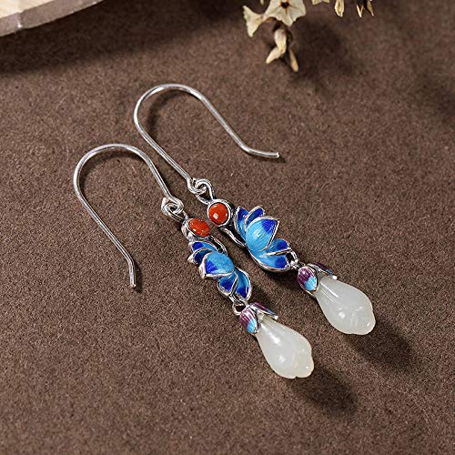 Boucles d'oreilles Jade Blanc Hetian fleur magnolia argent S925 femme vintage - 4